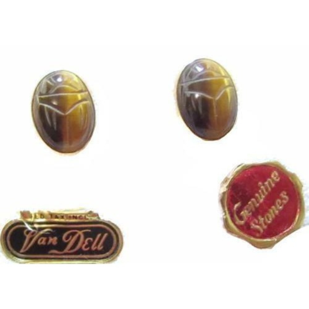 Egyptian Revival Tigers Eye Scarab Beetle Vintage Van Dell Gold Filled Earrings